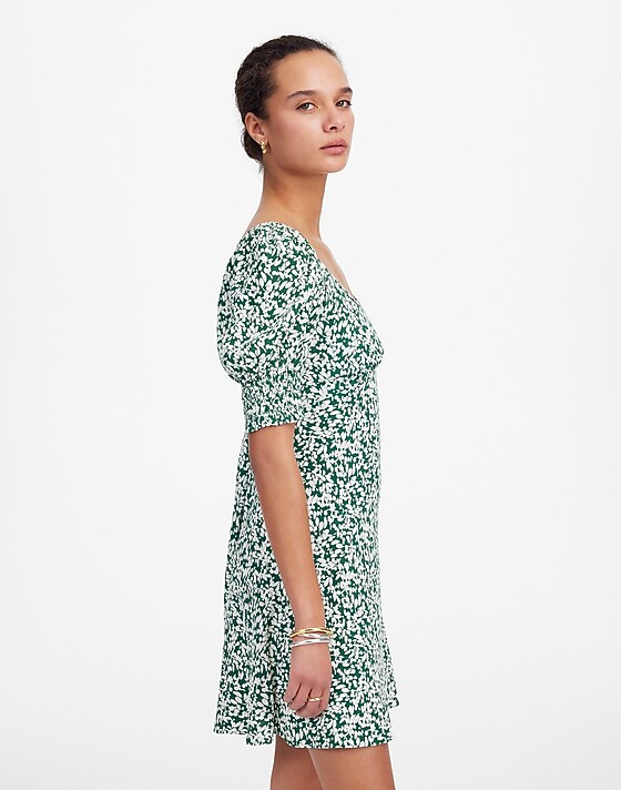 Madewell Seamed V-Neck Mini Dress Abstract Leaf Kelly Verdant