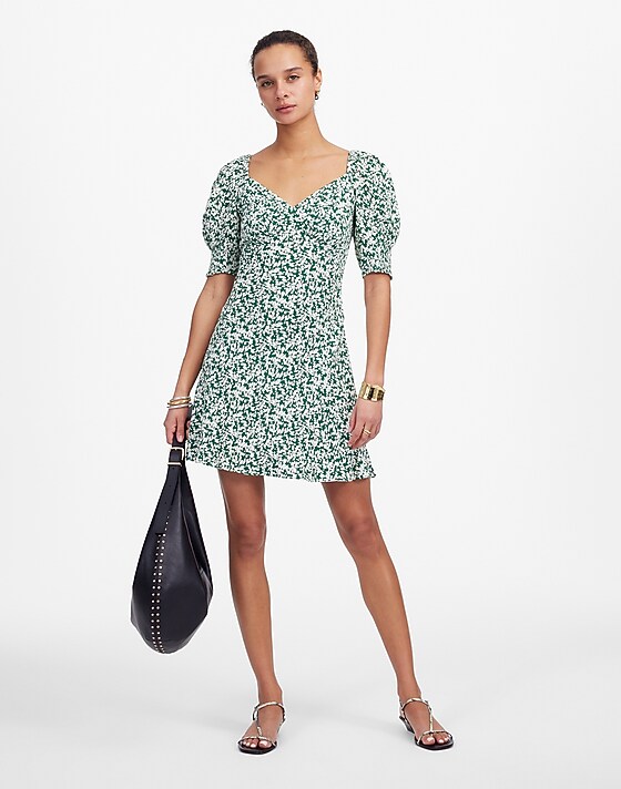 madewell Seamed V-Neck Mini Dress abstract leaf kelly verdant