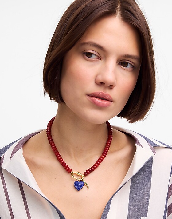 Madewell Semiprecious Beaded Carabiner Charm Necklace Red
