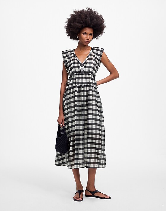 Madewell Sheer V-Neck Dolman Maxi Dress In Gingham True Black