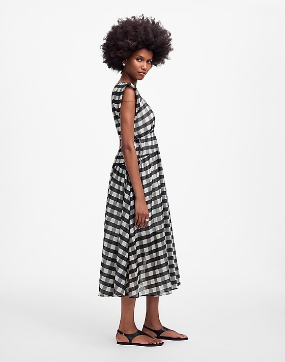 Madewell Sheer V-Neck Dolman Maxi Dress In Gingham True Black