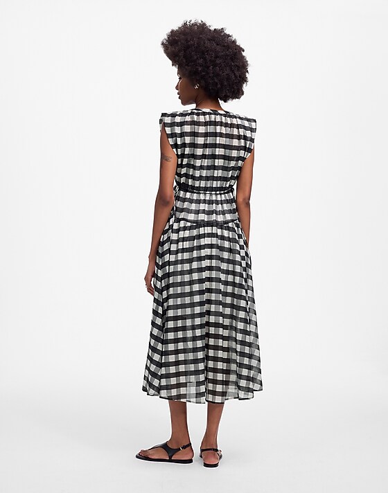 Madewell Sheer V-Neck Dolman Maxi Dress In Gingham True Black