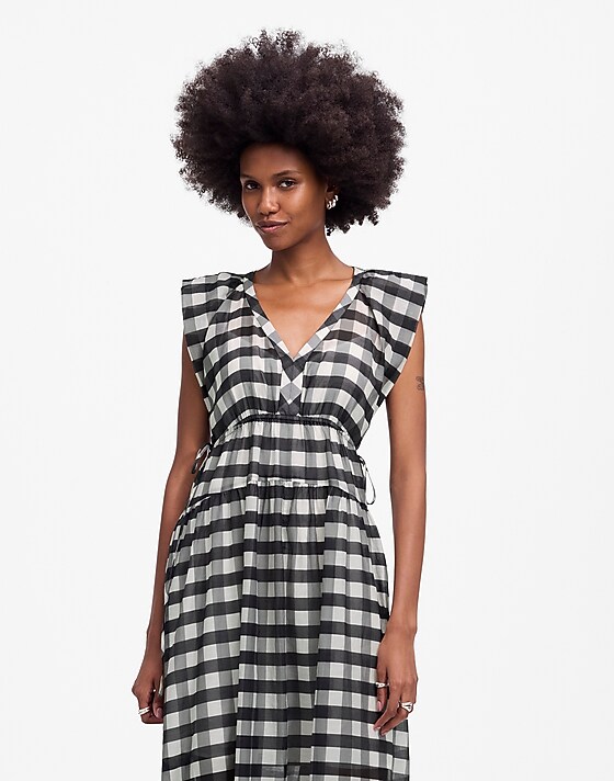 madewell Sheer V-Neck Dolman Maxi Dress in Gingham true black