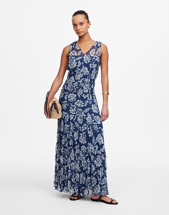 Madewell Sheer V-Neck Maxi Dress In Floral Saylor Floral Navy Large