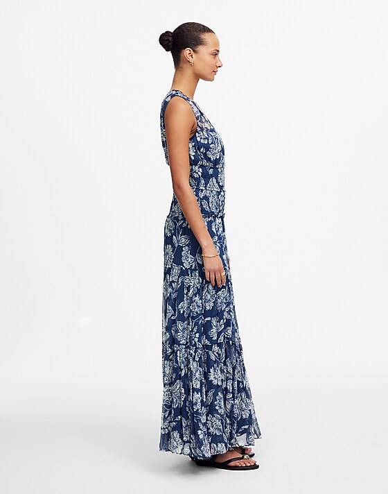 Madewell Sheer V-Neck Maxi Dress In Floral Saylor Floral Navy Large