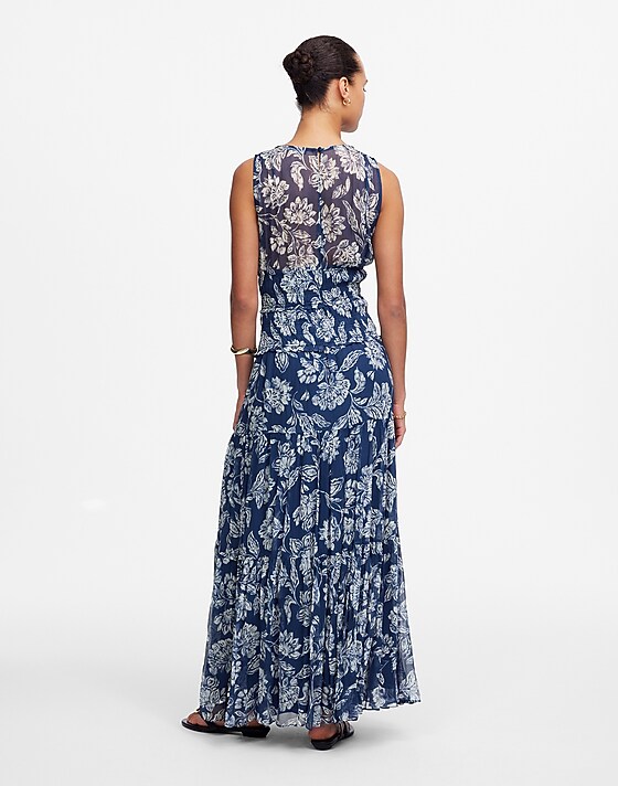 Madewell Sheer V-Neck Maxi Dress In Floral Saylor Floral Navy Large