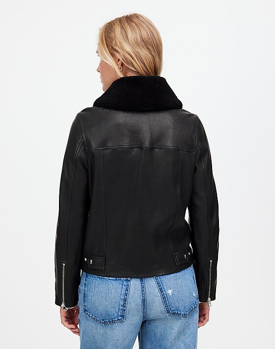 Madewell Sherpa-Collar Asymmetric Zip-Front Jacket In Leather True Black