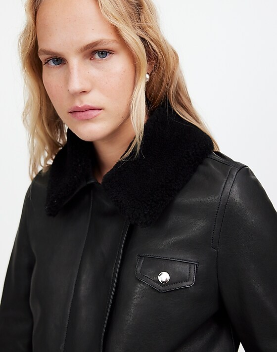 Madewell Sherpa-Collar Asymmetric Zip-Front Jacket In Leather True Black