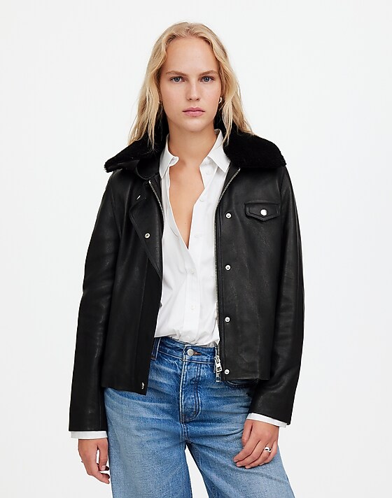 madewell Sherpa-Collar Asymmetric Zip-Front Jacket in Leather true black