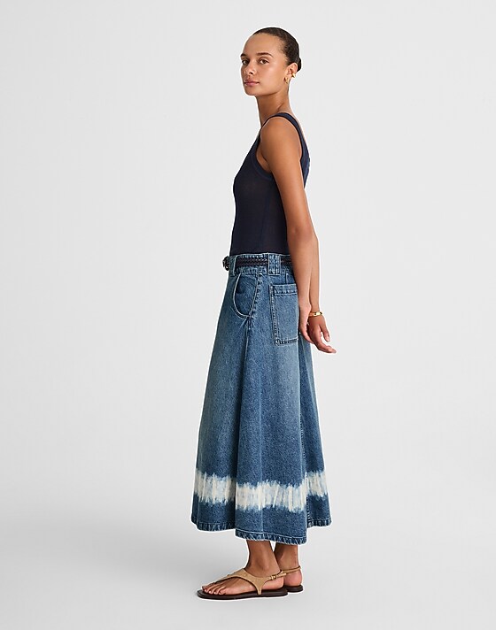 Madewell Shibori Denim A-Line Midi Skirt Shibori Wash
