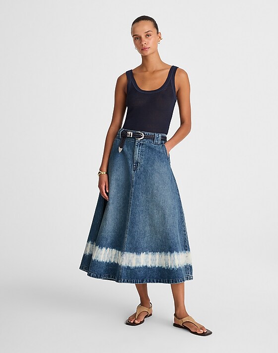 madewell Shibori Denim A-Line Midi Skirt shibori wash