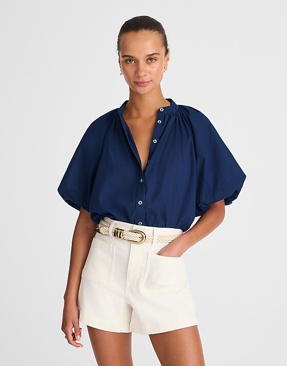 madewell Shirred Balloon-Sleeve Top in Cotton Voile lawn cotton voile