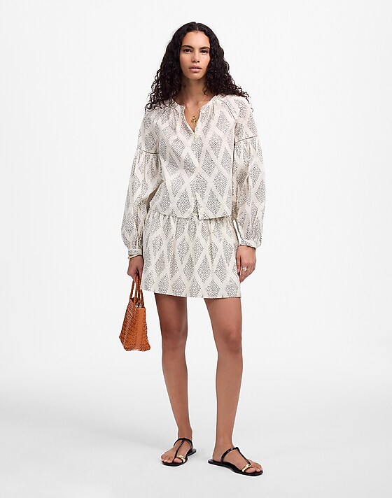 Madewell Shirred Balloon-Sleeve Top In Geometric Print Lighthouse