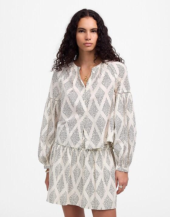 madewell Shirred Balloon-Sleeve Top in Geometric Print lighthouse