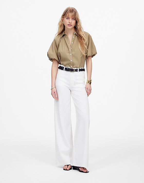 Madewell Shirred Bubble-Sleeve Button-Up Shirt Expedition Khaki