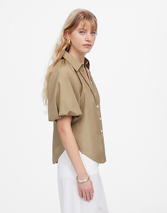 Madewell Shirred Bubble-Sleeve Button-Up Shirt Expedition Khaki