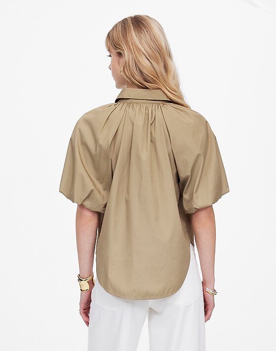 Madewell Shirred Bubble-Sleeve Button-Up Shirt Expedition Khaki