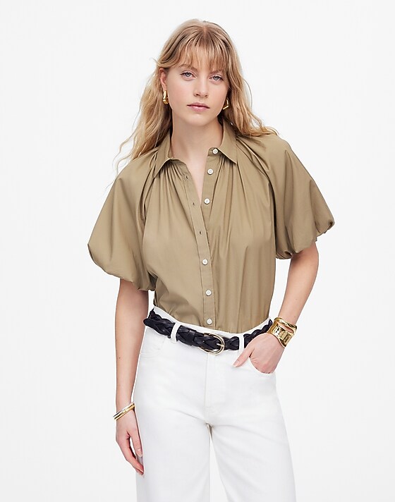 madewell Shirred Bubble-Sleeve Button-Up Shirt expedition khaki