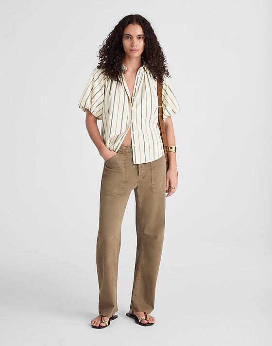 Madewell Shirred Bubble-Sleeve Button-Up Shirt In Poplin Warm Coffee