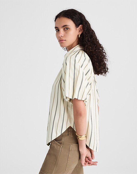 Madewell Shirred Bubble-Sleeve Button-Up Shirt In Poplin Warm Coffee