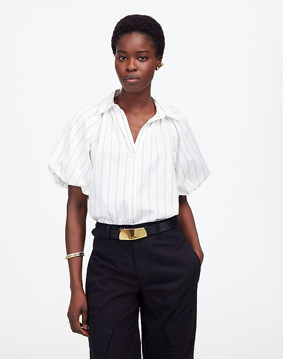 madewell Shirred Bubble-Sleeve Button-Up Shirt white