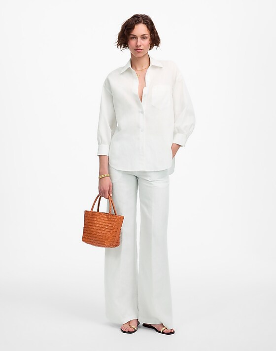 Madewell Shirred Button-Up Shirt In Linen-Cotton White