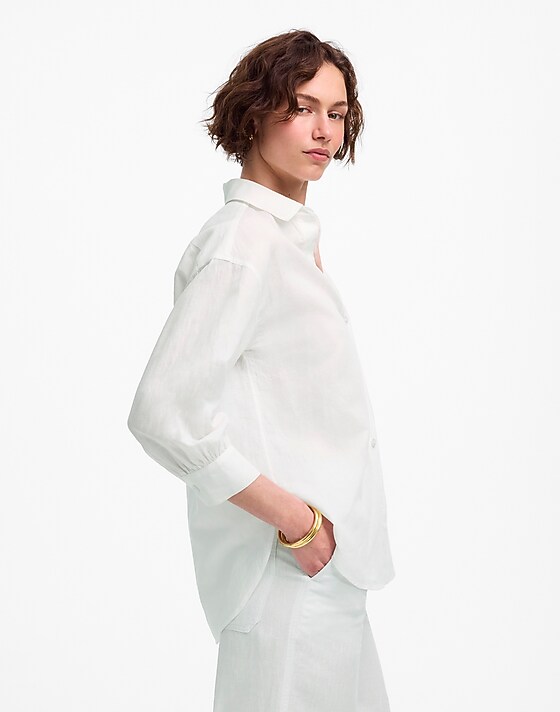 Madewell Shirred Button-Up Shirt In Linen-Cotton White