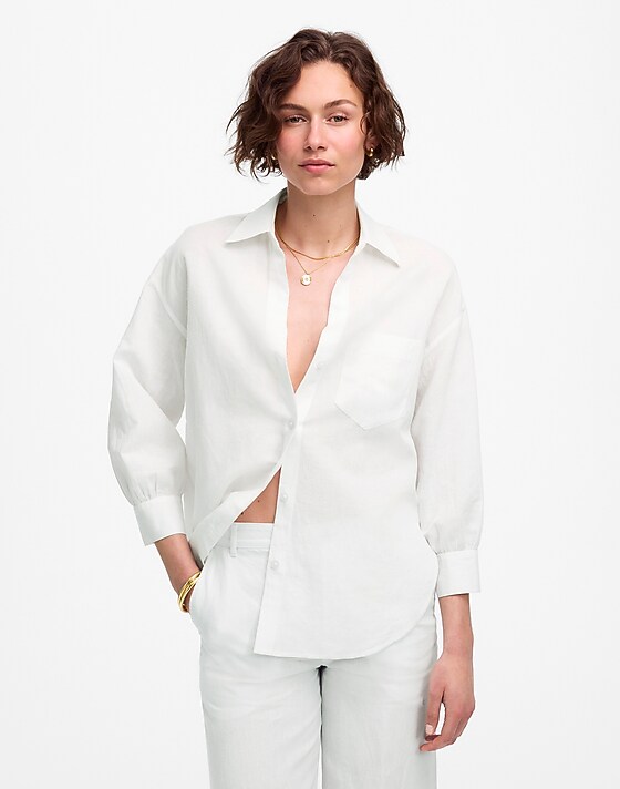 madewell Shirred Button-Up Shirt in Linen-Cotton white