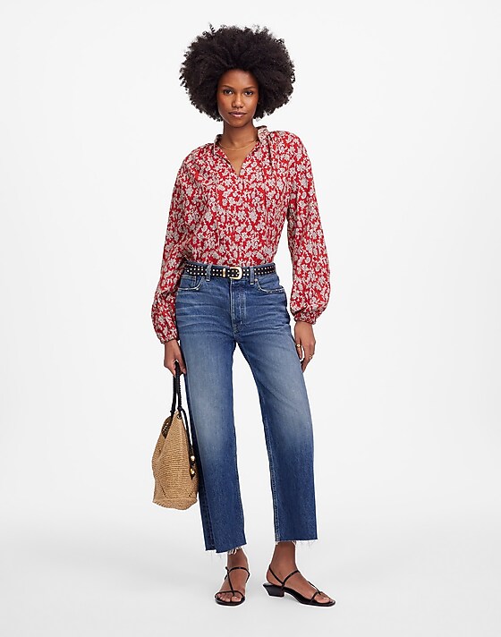 Madewell Shirred Popover Top In Paisley Print Ground Madder