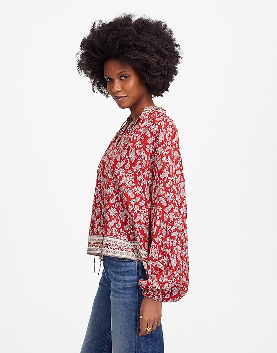 Madewell Shirred Popover Top In Paisley Print Ground Madder