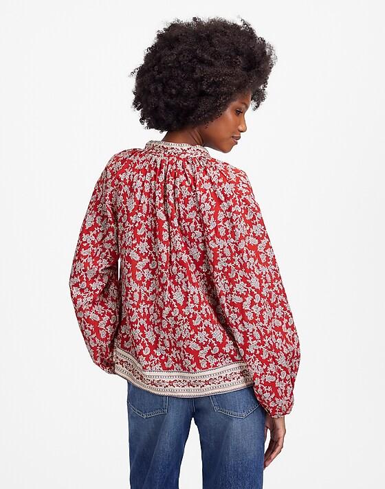 Madewell Shirred Popover Top In Paisley Print Ground Madder