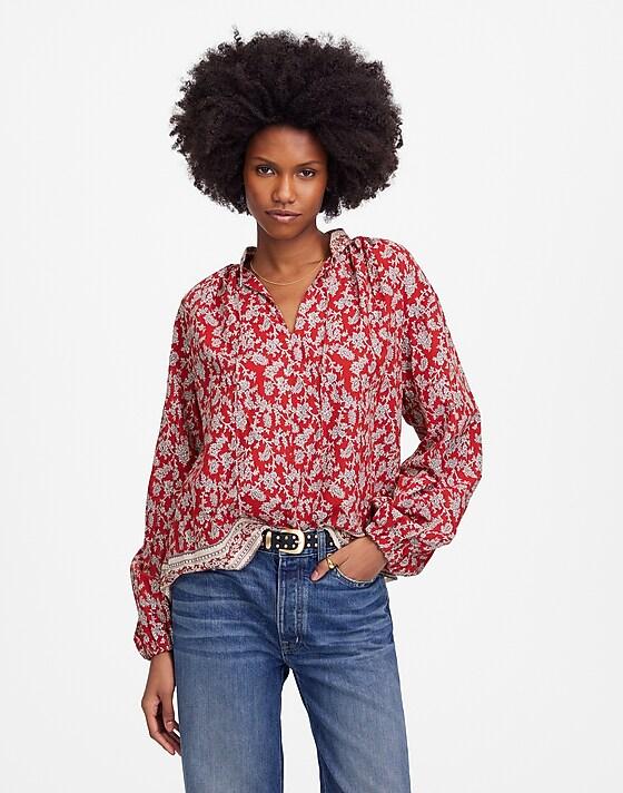 madewell Shirred Popover Top in Paisley Print ground madder