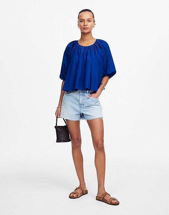 Madewell Shirred Puff-Sleeve Top In Cotton-Silk Voile Bright Sapphire