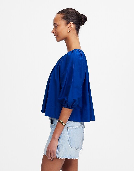 Madewell Shirred Puff-Sleeve Top In Cotton-Silk Voile Bright Sapphire
