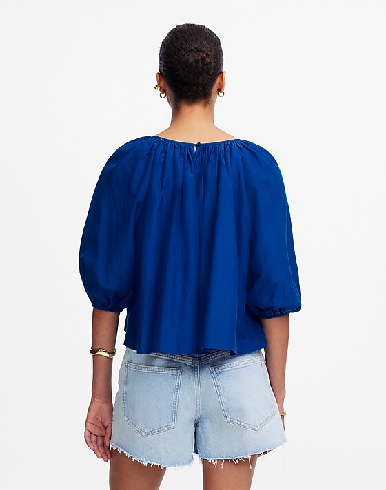 Madewell Shirred Puff-Sleeve Top In Cotton-Silk Voile Bright Sapphire