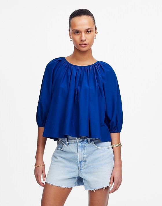 madewell Shirred Puff-Sleeve Top in Cotton-Silk Voile bright sapphire