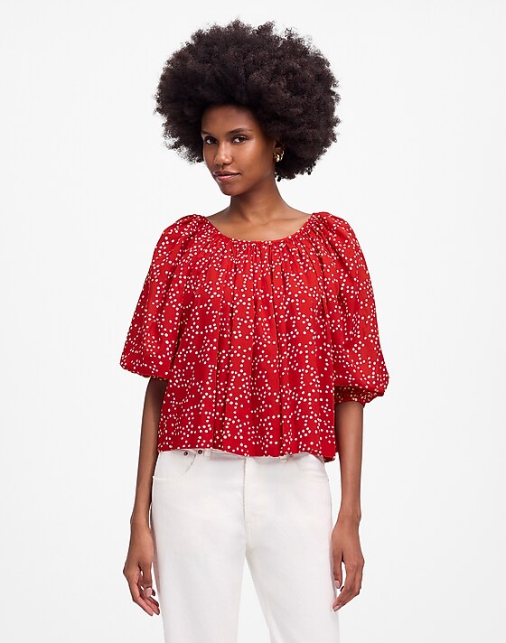 Madewell Shirred Puff-Sleeve Top In Dot Festival Red