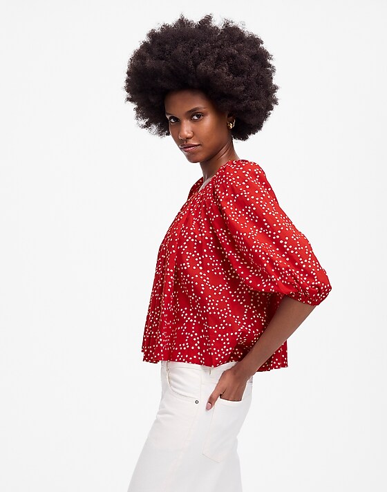 Madewell Shirred Puff-Sleeve Top In Dot Festival Red