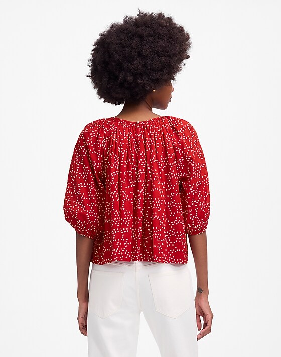 Madewell Shirred Puff-Sleeve Top In Dot Festival Red