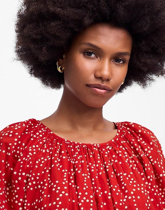 madewell Shirred Puff-Sleeve Top in Dot festival red