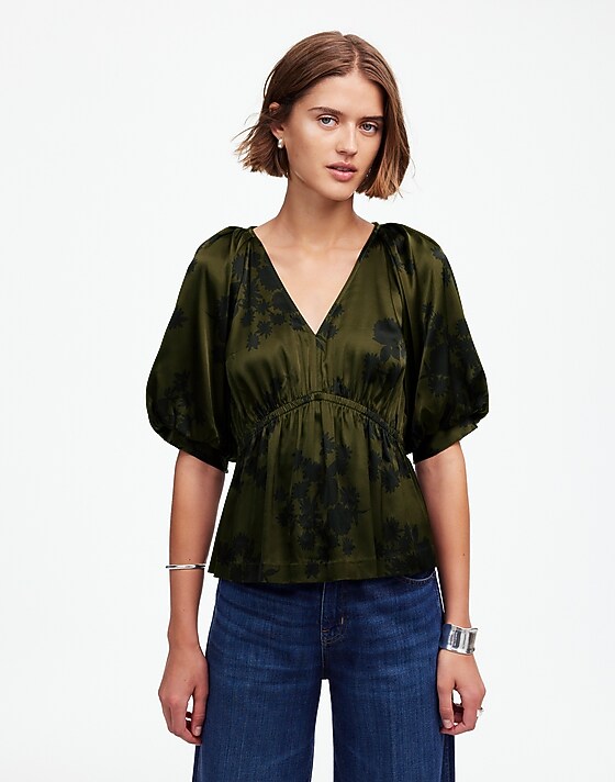 Madewell Shirred Puff-Sleeve Top In Satin Mossy Umber