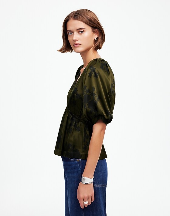 Madewell Shirred Puff-Sleeve Top In Satin Mossy Umber