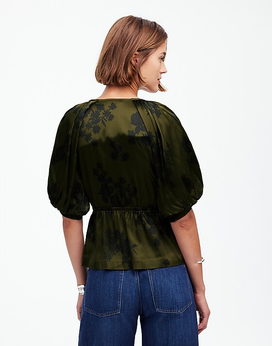 Madewell Shirred Puff-Sleeve Top In Satin Mossy Umber