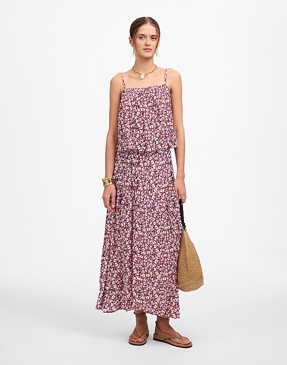 Madewell Shirred Squareneck Tank In Floral Emma Floral Burgundy