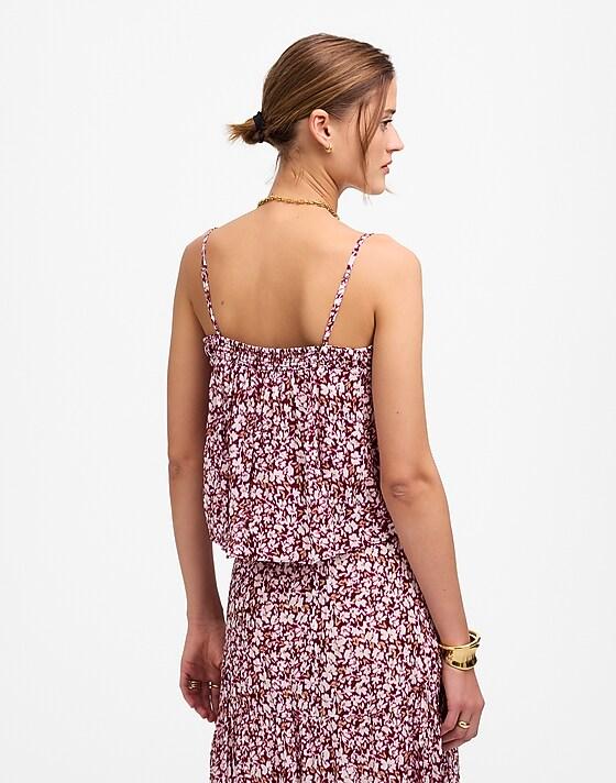 Madewell Shirred Squareneck Tank In Floral Emma Floral Burgundy