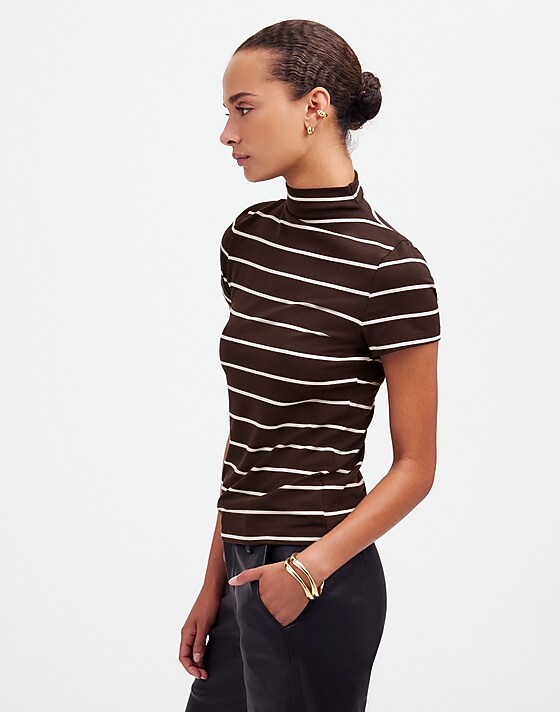 Madewell Short-Sleeve Mockneck Tee In Stripe Dark Carob