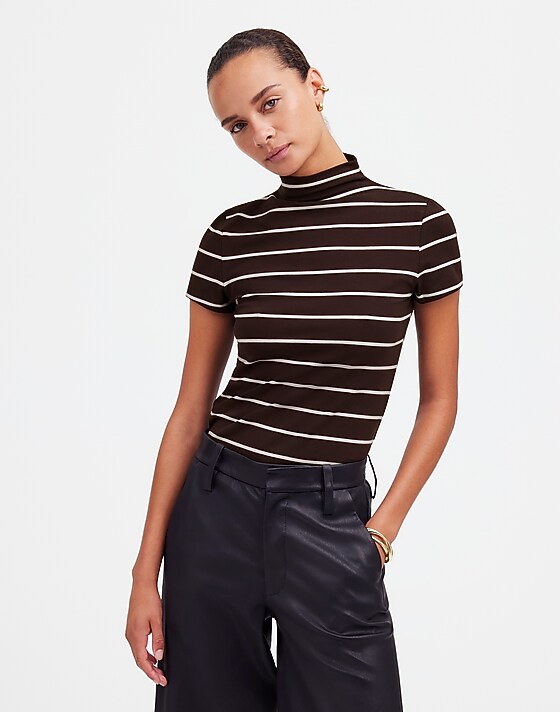 madewell Short-Sleeve Mockneck Tee in Stripe dark carob