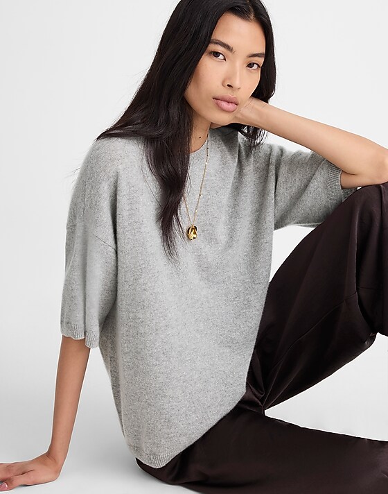 madewell Short-Sleeve Sweater Tee in 100% Cashmere light heather grey