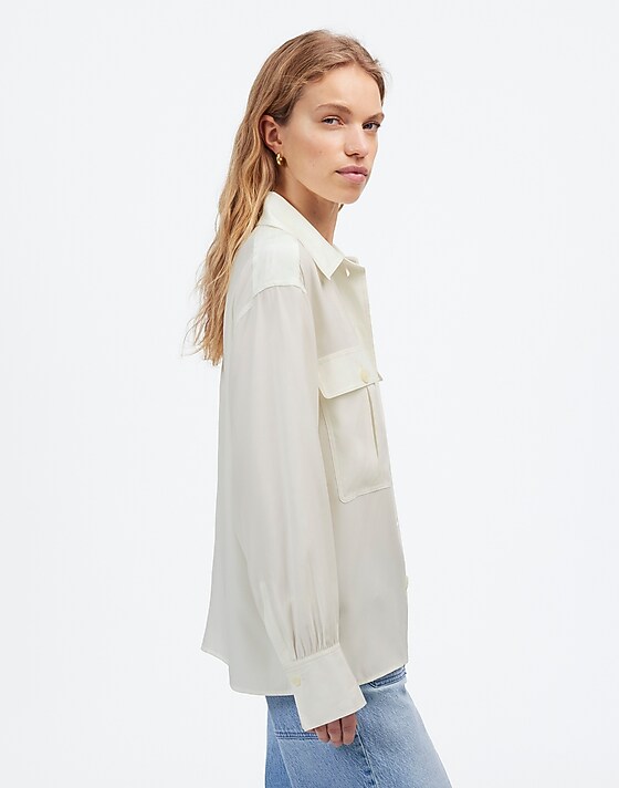 Madewell Silk Utility-Pocket Button-Up Shirt Winter White