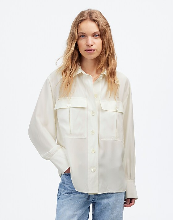 madewell Silk Utility-Pocket Button-Up Shirt winter white